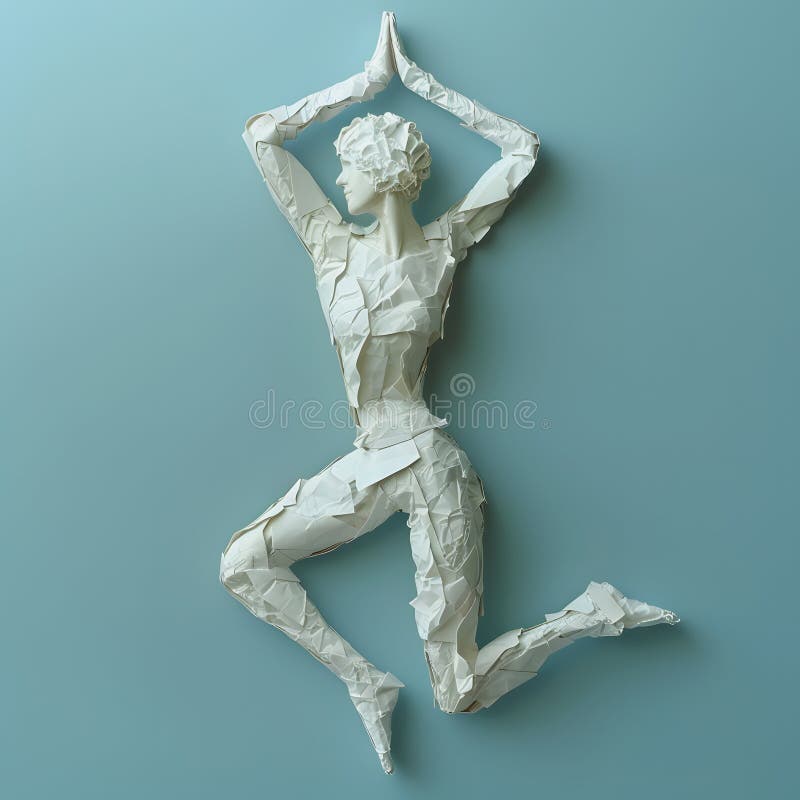 A person does yoga, sports, exercises, physical activity. Figure made of crumpled paper on blue background royalty free illustration