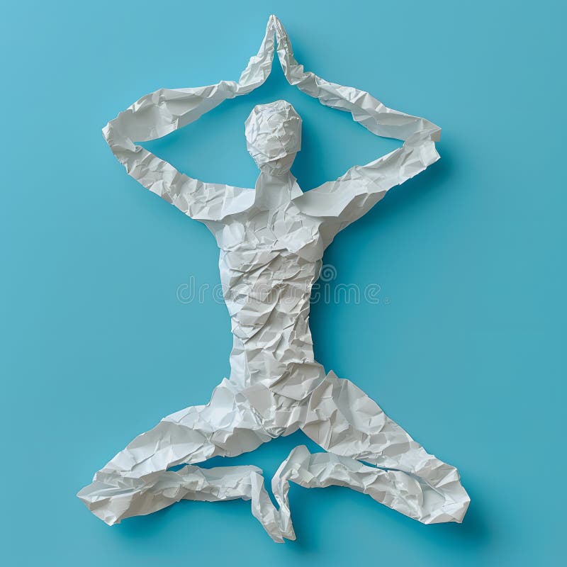 A person does yoga, sports, exercises, physical activity. Figure made of crumpled paper on blue background vector illustration