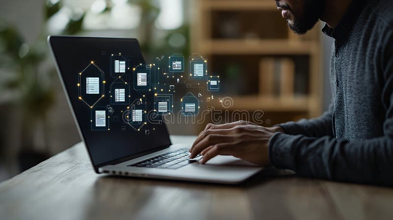 Person Typing on Laptop with Digital Document Interfaces for Modern Work royalty free illustration