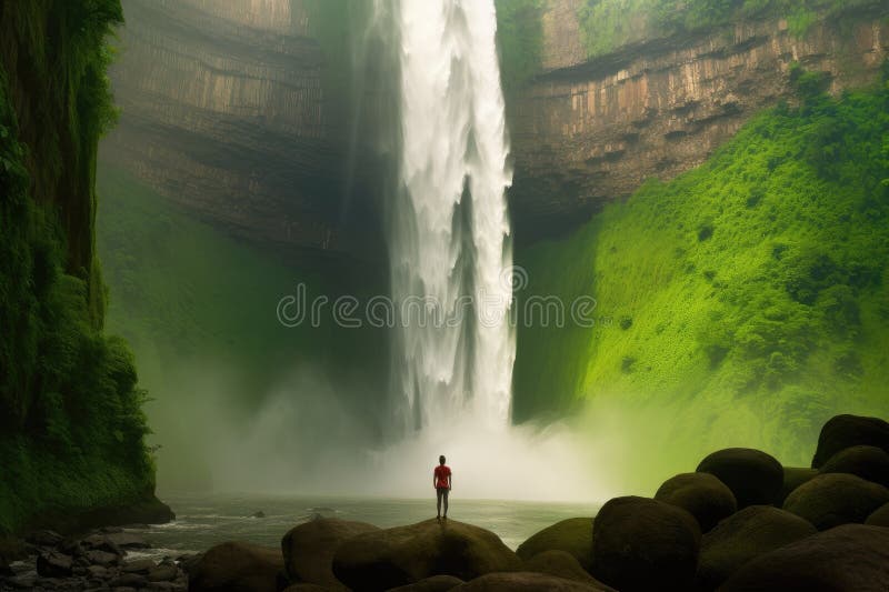 Person, enjoying the view of a towering waterfall in exotic destination royalty free illustration