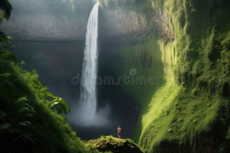 Person, enjoying the view of a towering waterfall in exotic destination stock illustration