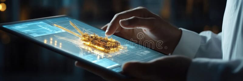 Hands interact with a 3D model of an oil rig on a tablet in a modern workspace setting. Generative AI stock images