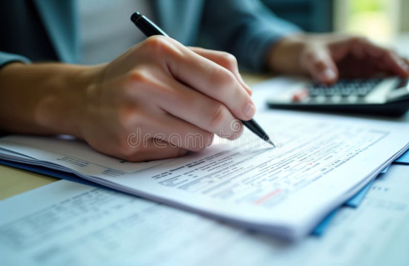 Person fills out tax forms. Person working on tax documents at office desk. Close-up view of hands filling financial forms. Pro stock illustration