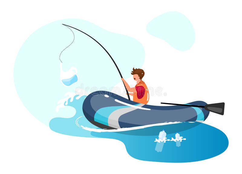Person fishing in sea full of garbage flat concept icon