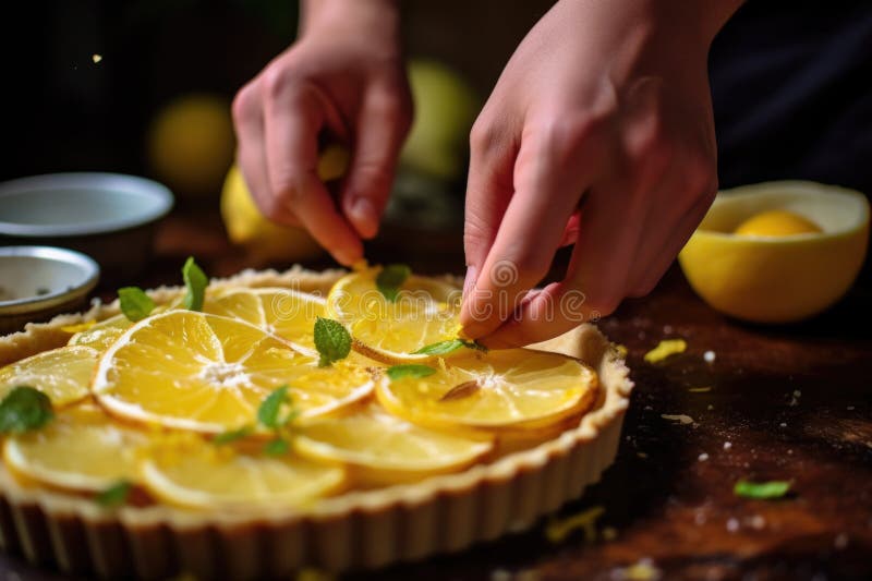 person garnishing tart with lemon peels, created with generative ai AI generated