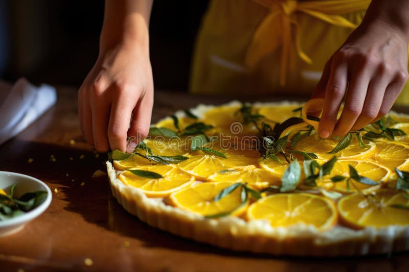 person garnishing tart with lemon peels, created with generative ai AI generated