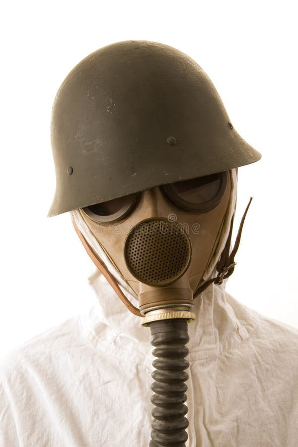 Person in gas mask and helmet