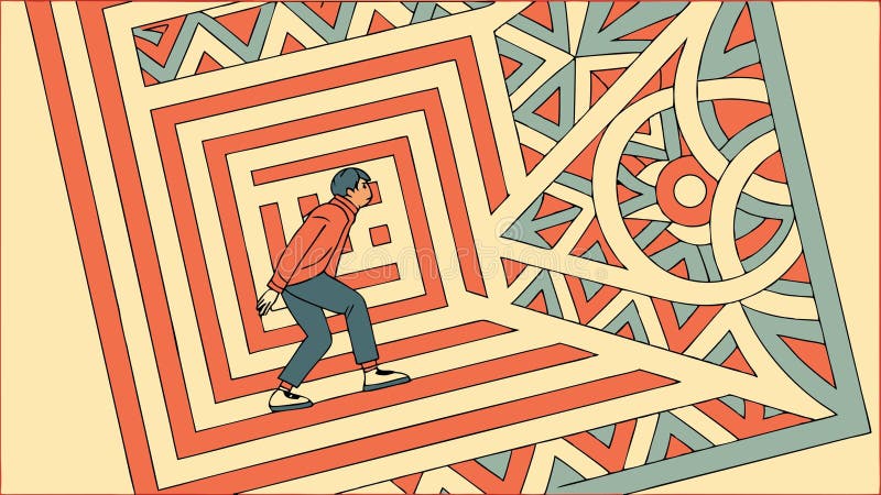 Person in geometric maze abstract complexity challenge vector design Generative AI stock illustration