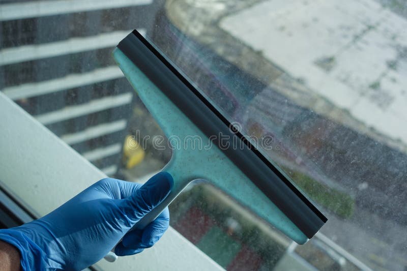 Person Hand in Gloves Cleaning Window Glass Stock Photo Image of