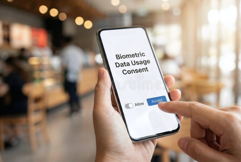 First-person perspective of a user interacting with a Biometric Data Usage Consent prompt on a mobile device. Perfect for content regarding sustainable plumbing, drought-resistant living, off-grid home maintenance, and environmental DIY projects. User consent illustrations