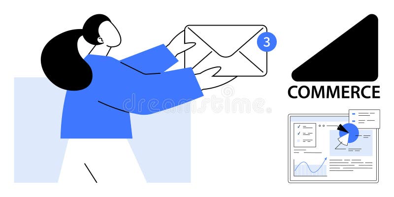 Person Handling Email Notifications with Analytics Dashboard and Commerce Indicator royalty free illustration