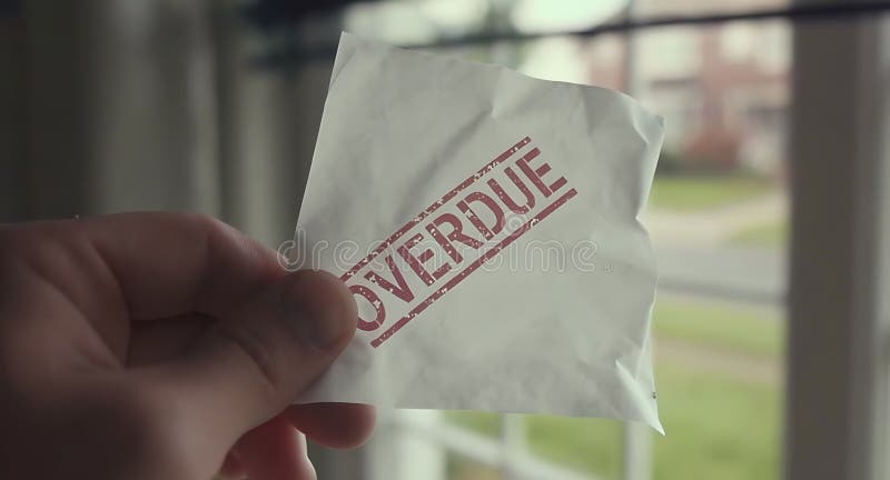 Person holding a crumpled piece of paper with the word OVERDUE on it vector illustration