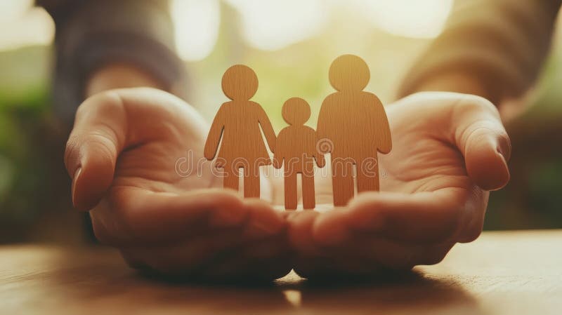 A person holding a cutout of a family stock illustration