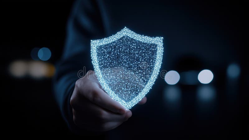 Person holding glowing shield symbolizing protection and security stock illustration