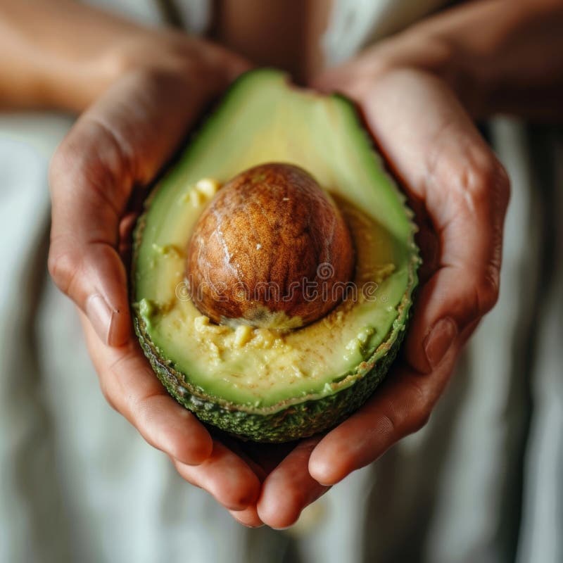 A person holding a half of an avocado which contains a high amount of oleic acid one of the main components of avocado stock image