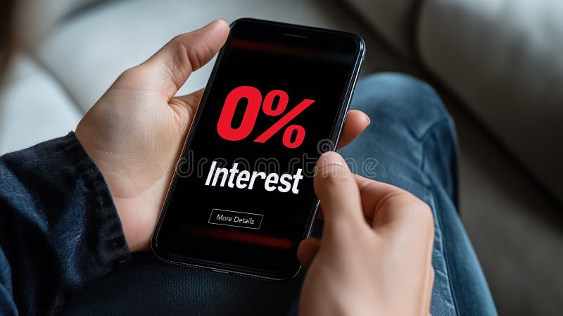 Person holding smartphone displaying 0% interest message, engaging content vector illustration