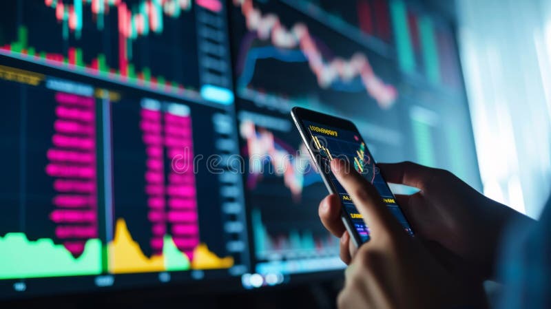 A person is holding a smartphone with stock market data on the screen, with a blurred background showing a computer royalty free stock photos