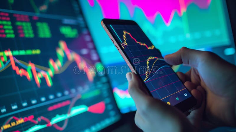 A person is holding a smartphone with stock market data on the screen, with a blurred background showing a computer royalty free stock photos