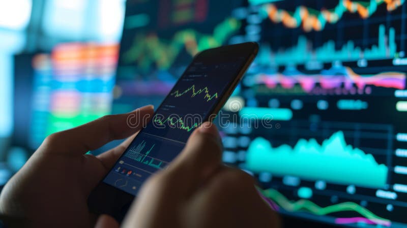 A person is holding a smartphone with stock market data on the screen, with a blurred background showing a computer royalty free stock photography
