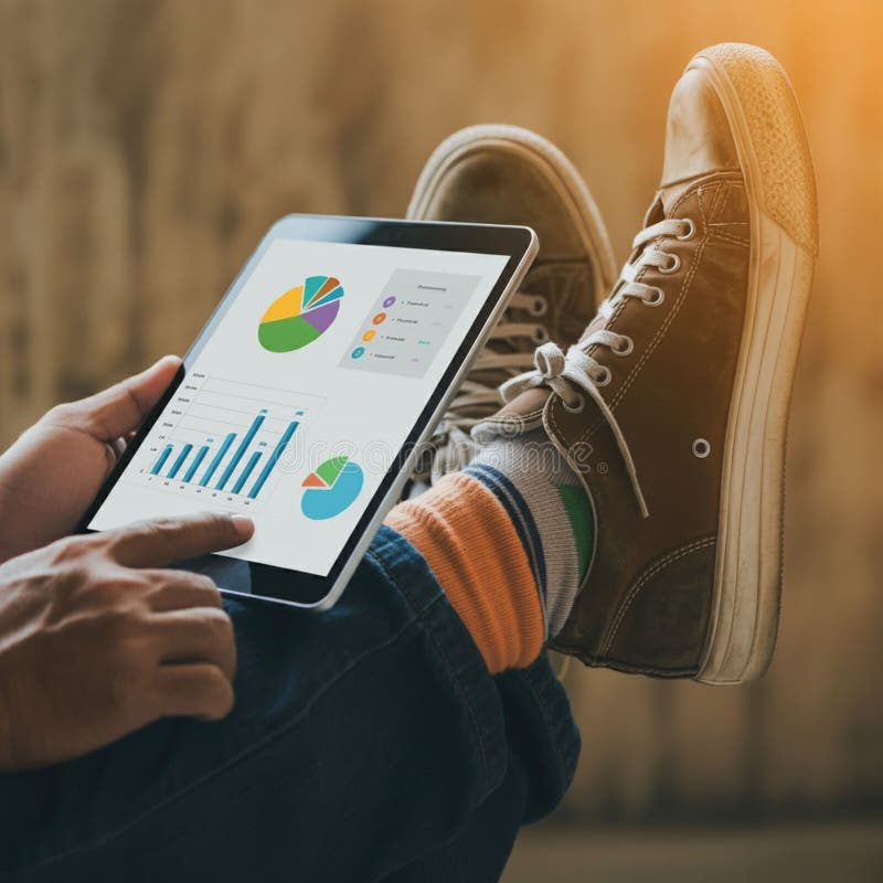A person is holding a tablet displaying various colorful charts and graphs, including vector illustration