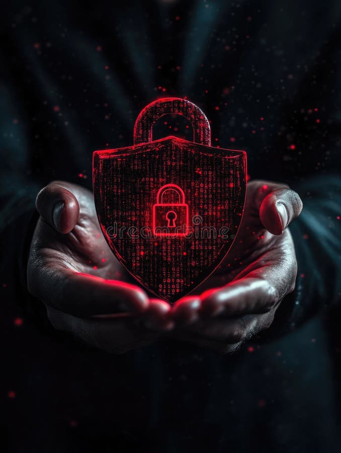 Person holding glowing shield with lock vector illustration