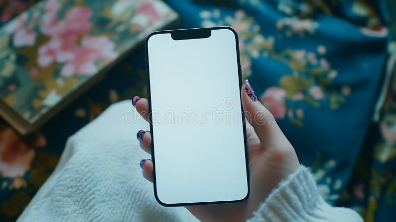 A person holds a smartphone with a blank, white screen, suggesting it is either vector illustration