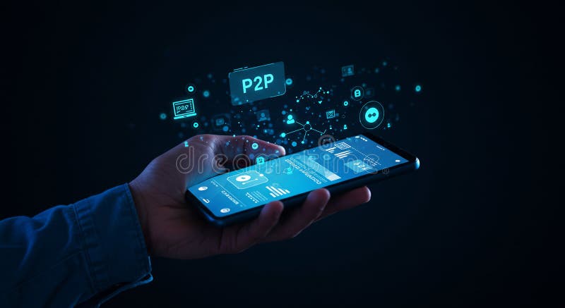 A person holds a smartphone displaying a digital interface, suggestive of a P2P stock illustration