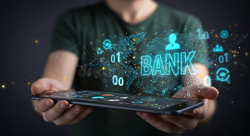 A person holds a smartphone projecting a digital display. Blue holographic royalty free illustration