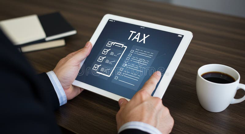 A person holds a tablet displaying a digital checklist with the word \'TAX\' stock illustration