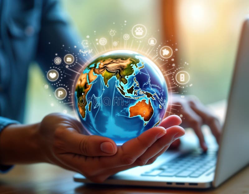 Person holds virtual globe with digital strategy icons working on laptop. Global business concept. Person uses tech tools for vector illustration
