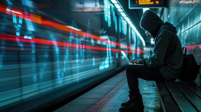 A person in a hooded sweatshirt types on a laptop in a crowded metro station, emphasizing the security risks of using stock illustration