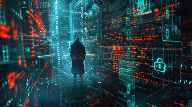 Person i mörk cybervärld abstrakt digital data bakgrund säker datorinformation. tema om skydd av låsbeskyddets integritet vektor illustrationer