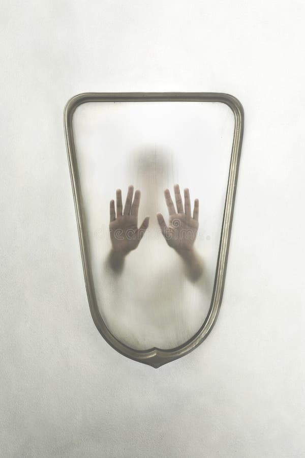 Person imprisoned in a mirror, concept of identity crisis