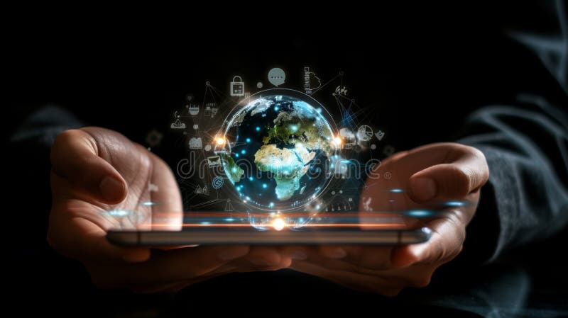 Person is interacting with a futuristic holographic interface with digital icons and a glowing globe at their fingertips royalty free stock photography