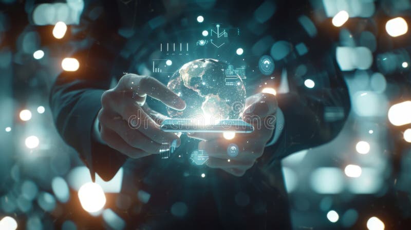 Person is interacting with a futuristic holographic interface with digital icons and a glowing globe at their fingertips royalty free stock image
