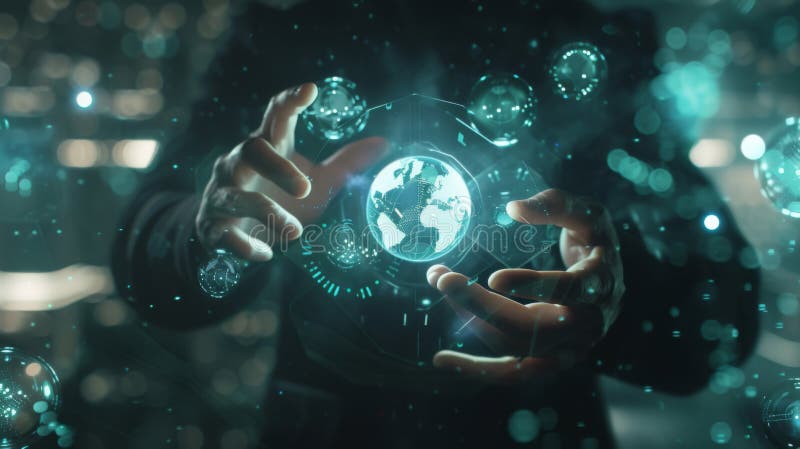 Person is interacting with a futuristic holographic interface with digital icons and a glowing globe at their fingertips royalty free stock photography