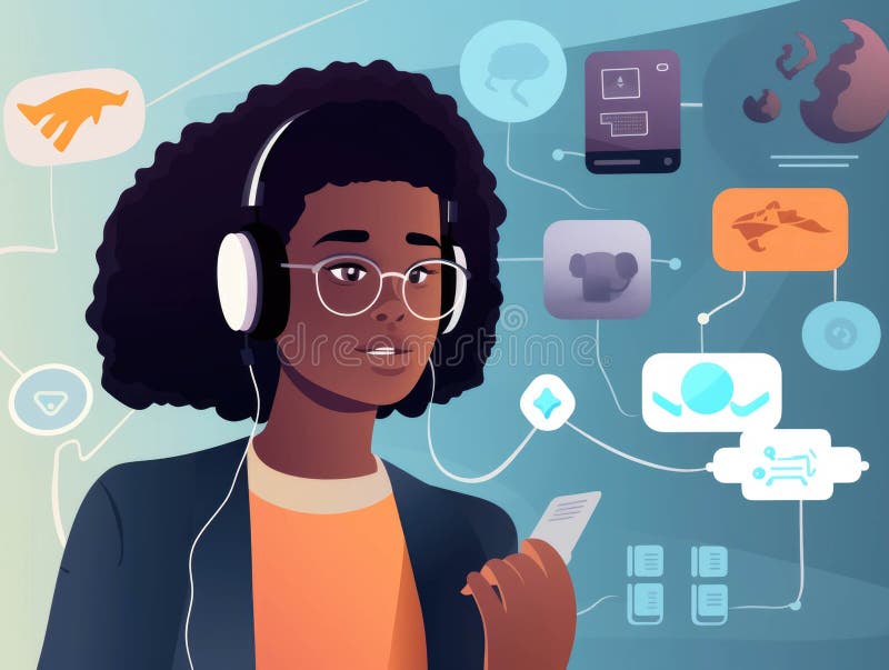A person interacts with an AIenabled learning platform using voice commands to select learning materials. . AI generation.