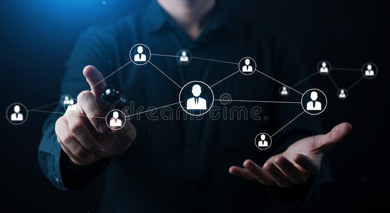A person interacts with a digital network interface against a dark background vector illustration