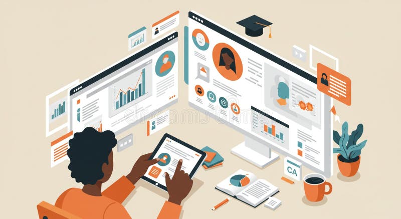 A person interacts with a digital workspace consisting of multiple screens displaying royalty free illustration