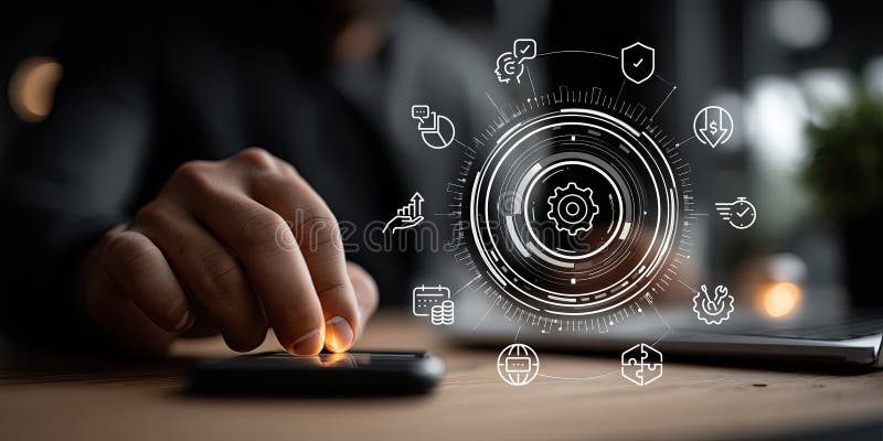 Person interacts with futuristic digital interface displaying algorithmic icons stock illustration