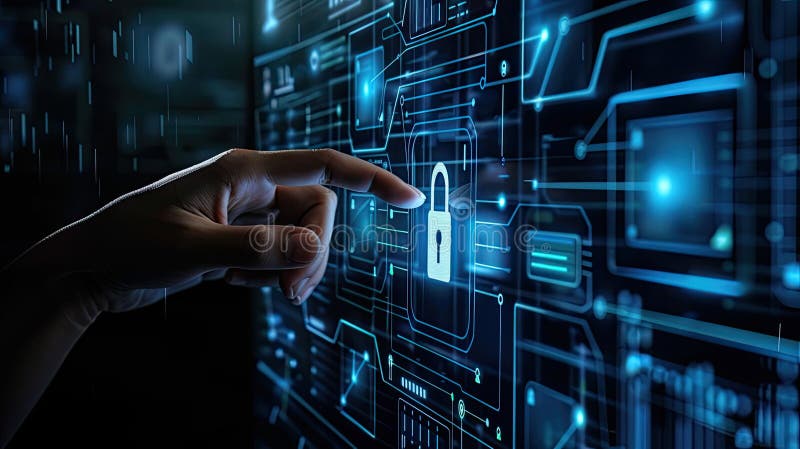 A person interacts with a futuristic interface, demonstrating cybersecurity technology with a padlock symbol, securing data in a vector illustration