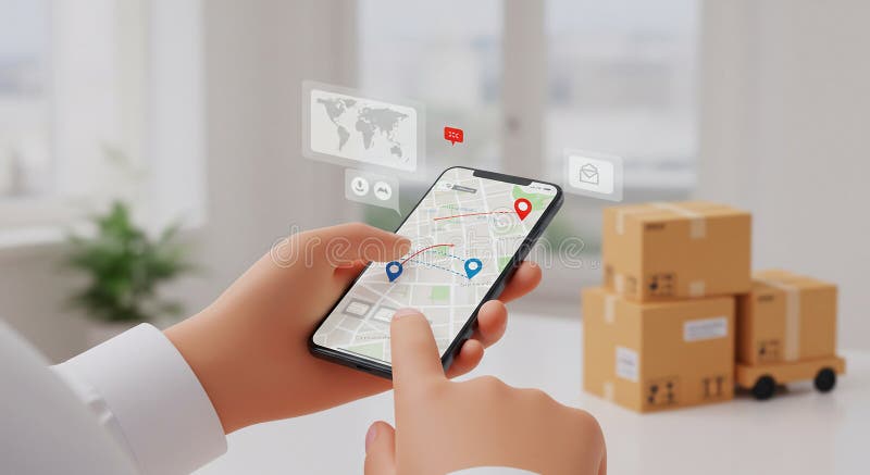 A person interacts with a smartphone displaying a digital map with location pins stock illustration