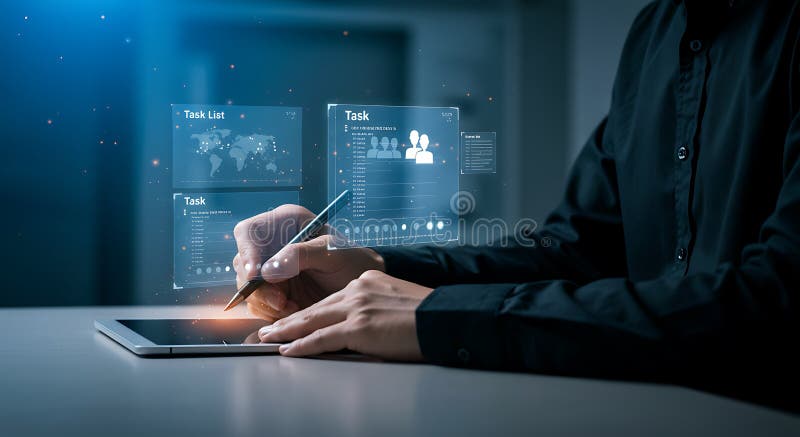 Person Using Tablet with Digital Task List and World Map Interface. Person interacts with a tablet displaying task management and a world map interface, symbolizing modern digital workflow solutions Ideal for illustrating technology and business concepts