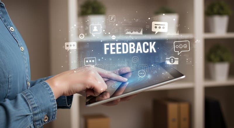 A person interacts with a tablet, focusing on the word \'FEEDBACK\' displayed on vector illustration