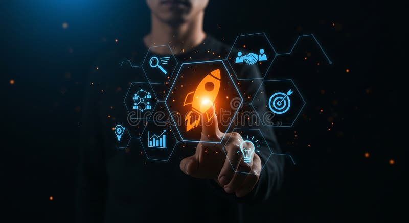 A person interacts with a virtual interface, touching a glowing icon of a rocket royalty free illustration