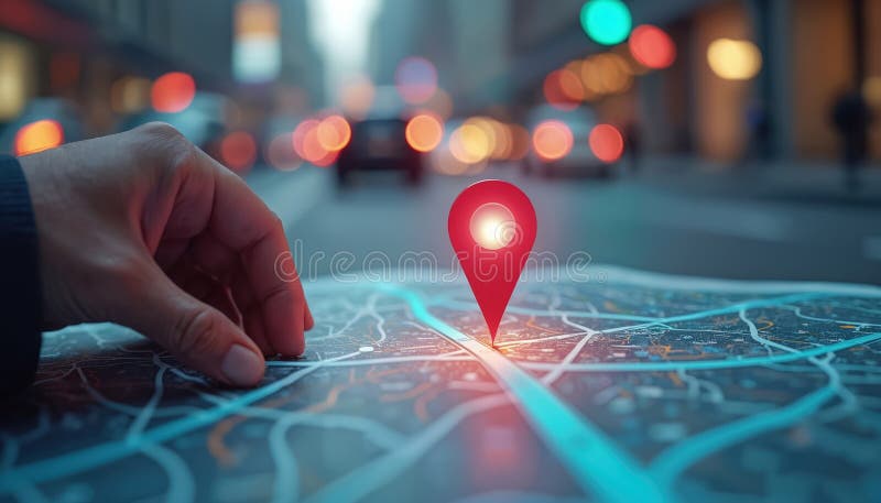 Person locates position on digital map. Hand points to location marker. City map display tech innovation. Future transport vector illustration