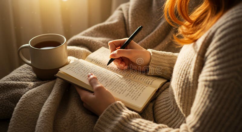 A person with long, reddish hair is writing in a notebook using a pen. They are vector illustration