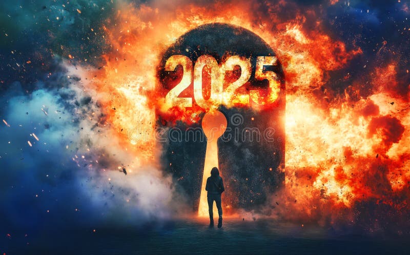 Person is looking through a keyhole as everything explodes and burns in the background with large numbers 2025, concept of vector illustration
