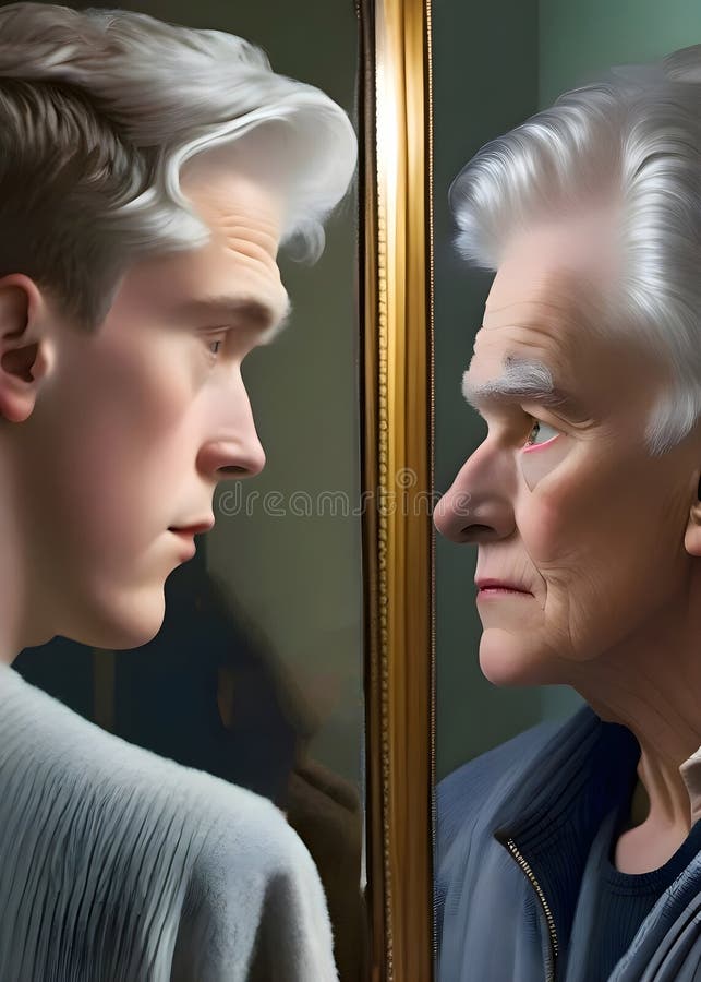 A Person Looking into the Mirror and Seeing the Reflection of Younger