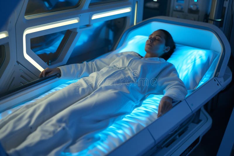 Person Lying in a Hightech Bed Simulating Sleeping in Zero Gravity